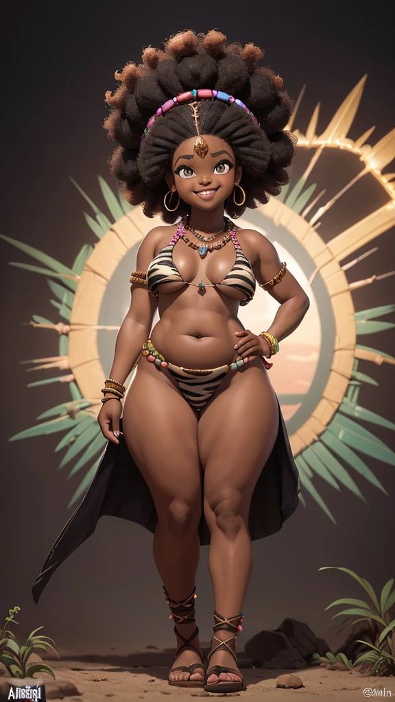 (((Jackie Parris))), (((Simon Bisley))), (((Frank Frazetta))), ((((absurdists))), (((best quality))), (((masterpiece))), (((thicc))), (((afro hair))), small, chubby, wide hipped,  African girl, flat chest, Zulu warrior of the middle ages, white war paintings on body, perfect and proportional body, black and pink zebra print, big black afro hair, black-skinned savanna warrior wearing very few clothes and many necklaces and body adornments, tiny bikini made of African beads and gemstones, sandals, smiling,, rainbow crystal cave, bioluminescent, glowing