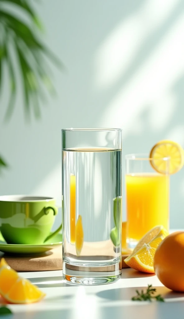 a glass of water, surrounded by healthy drinks like green tea and fresh juice."
