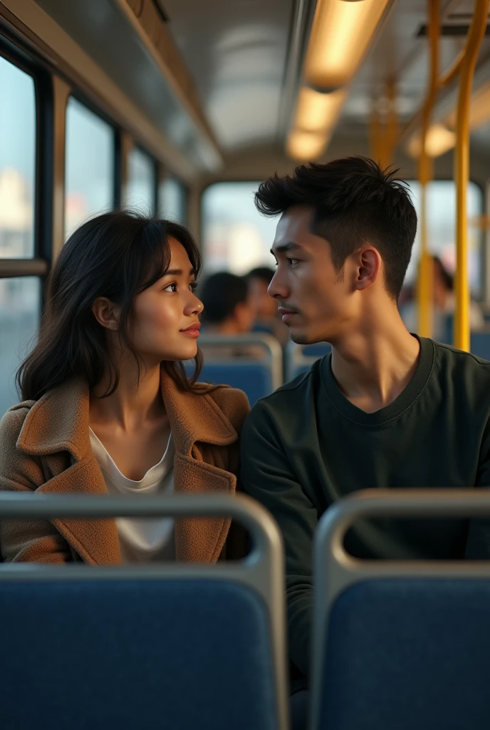 A Young woman sitting with a man in the bus talking