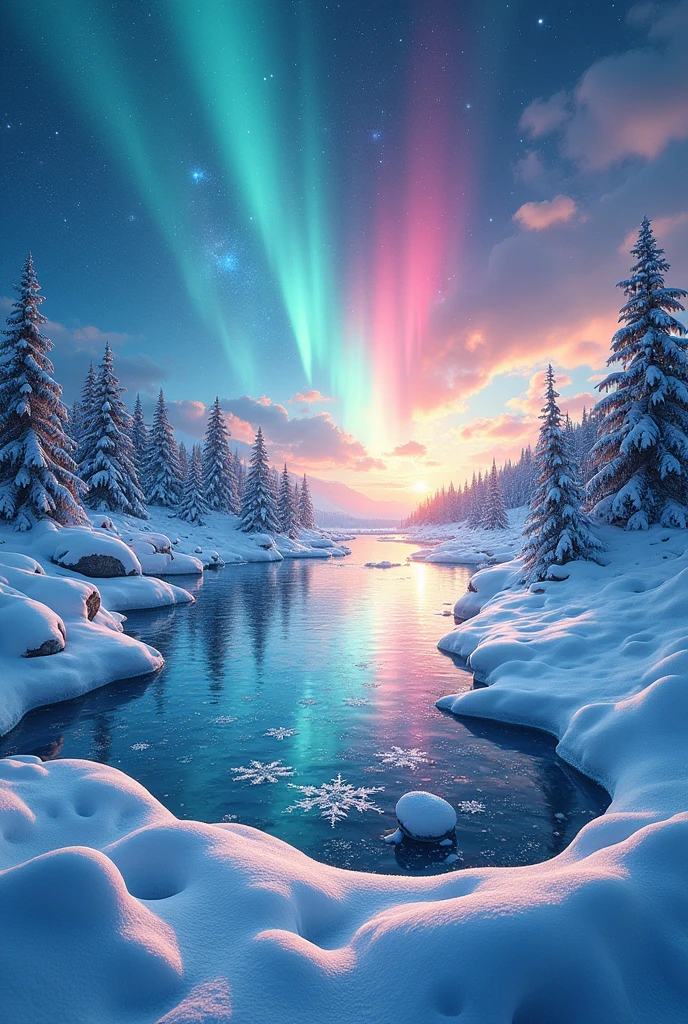 illustration art work, Snow Scenery, Fibonacci, the golden ratio, Snowflake, Diffusion of sunlight, Double Exposure, Rainbow-colored aurora, Water and Earth, Harmony of Nature