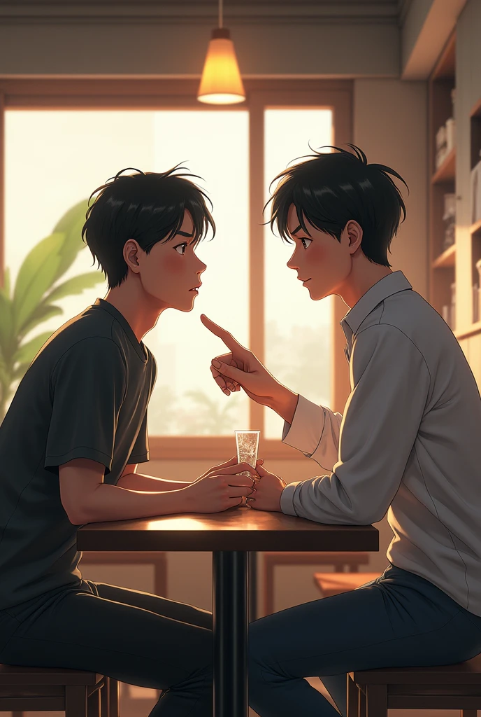 A realistic scene set in a modern Japanese café during the day. The first Japanese man is sitting with his friend, both in their mid-20s. The friend, with a concerned look, is pointing over the protagonist’s shoulder. The main character looks confused and slightly worried, unaware of what his friend is pointing at. The background is a typical café interior, with natural lighting and modern décor, ensuring the scene remains grounded and realistic.