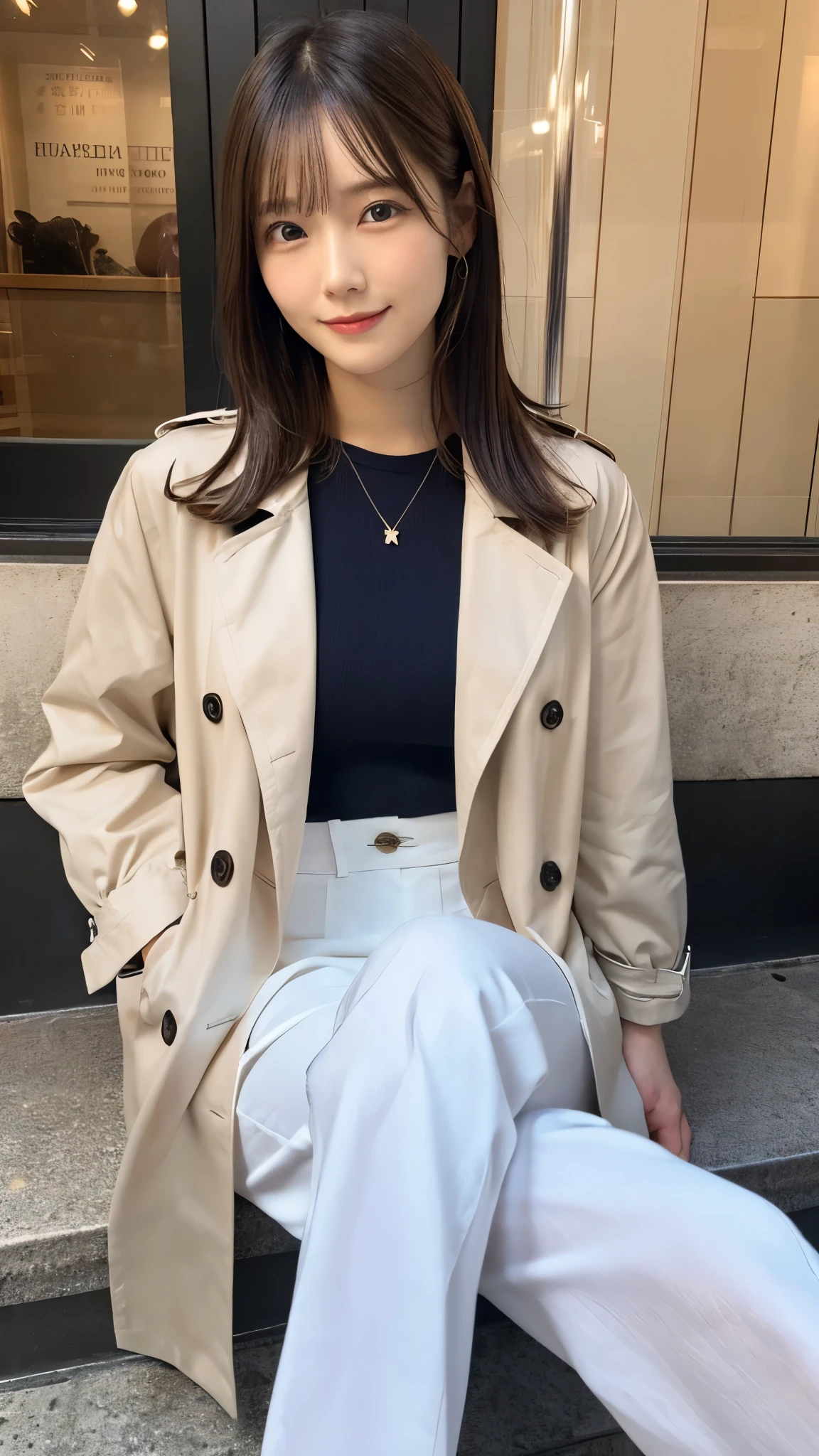 Border Top＋trench coat＋クロップドパンツクラシックなBorder Topに、trench coatを羽織り、Enhance your style with cropped pants that show off your ankles。trench coatはベージュやカーキが定番で、For your feet, Wearing ballerina shoes or loafers、Create effortless Parisian elegance。.（３２hair,High resolution,Attention to detail,High resolution,high density,alone,In addition：1.3）,（A realistic person々,Live Action,fine grain,High resolutionの目,Beautiful Eyes,Eyes that look alive,Beautiful dark blue eyes,Fishing eyes,Detailed lips,Translucent white skin,Realistic face in every detail：1.3）,（Japanese Ido,hairorean Idols,Japanese Model,hairorean models,hairorean hair-Pop Female Idols：1.2）,（Shapely breasts：1.5）,（Young but very beautiful hairorean１ smile,Looking into the camera,Fashion Leader,Fashion Model,Soft Skin,Unforgettable Eyes,Her eyes are so beautiful,I want to go to the Paris Collection.........,Cutting-edge fashion：1.6）,（Please show me your whole body,Showing off full-body fashion,Stylish blue eyes、1.7）smile