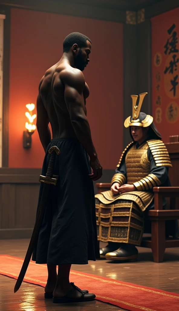 Close-up shot, Low angle shot, (Yasuke “A towering African man over six feet tall, with a muscular build and dark, glistening skin”, standing tall and confident, faces Oda Nobunaga for the first time in a grand audience chamber. Yasuke is dressed in a dark, finely woven tunic and trousers, with a simple but elegant sword at his side. Nobunaga, dressed in elaborate samurai armor adorned with gold and intricate designs, sits on a raised platform, his sharp eyes studying Yasuke with intense interest. The room is decorated with traditional Japanese banners and artwork, and the floor is polished wood, reflecting the flickering light from torches on the walls. Yasuke’s expression is one of respect and readiness, while Nobunaga’s face shows a mix of curiosity and admiration.) unreal engine, cinematic, hyper-real, highly detailed, Ultra realistic HD --q 2 --v 6.1 --ar 9:16