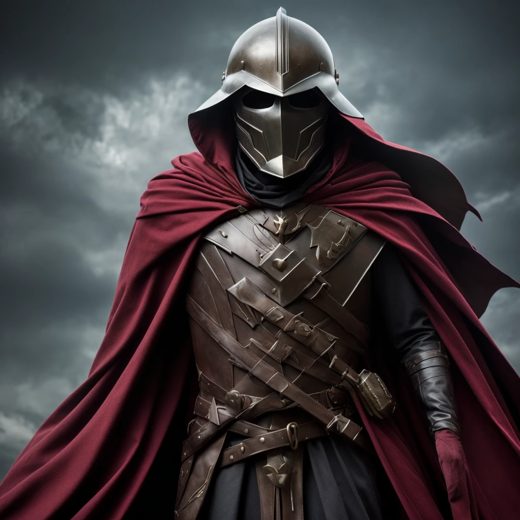 Villain who wears an iron helmet and has a cape and hood