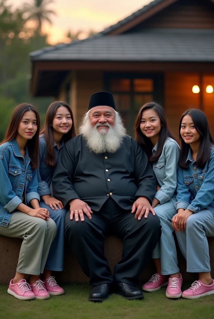 A 60 year old Indonesian man, wear a black Muslim cap, pakai jas dan dasi dan long pants, wearing leather shoes, sit down, smile facing the camera, Beside him there are 6 beautiful Indonesian women, his body is quite fat, fair skin, big nose, long wavy hair, wearing a denim jacket, long pants, wearing pink sneakers, sit down, happy face facing the camera, in front of the country house, evening atmosphere, minimal defects, very detail, realistic, 8K picture