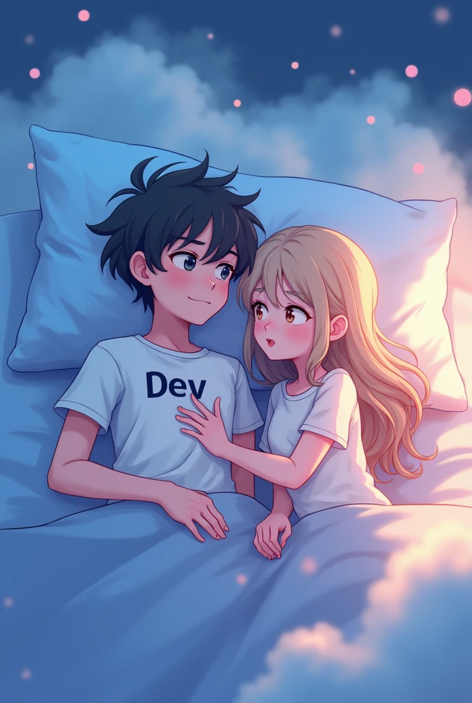 A boy is lying in a bad and mention the boy name is DEV which is written in his tshirt and he is sleeping and in his dream a beautiful girl is  sitting beside him in his bed and hold his hand. Make the environment and atmosphere looks like he is seeing dream  and he is lying in cloud in lap of the girl make the image character look like Anime or cartoon . The girl is sitting beside him 