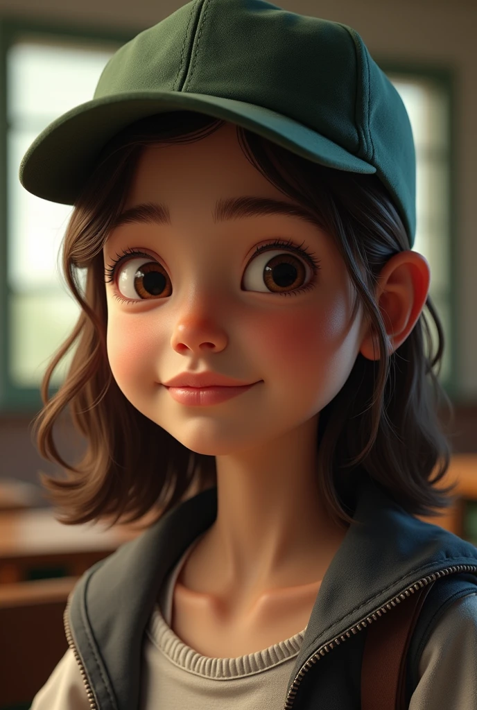 Student from the state of Mexico, average stature, Light brown hair, small brown eyes, White skin, with cap, shoulder hair 