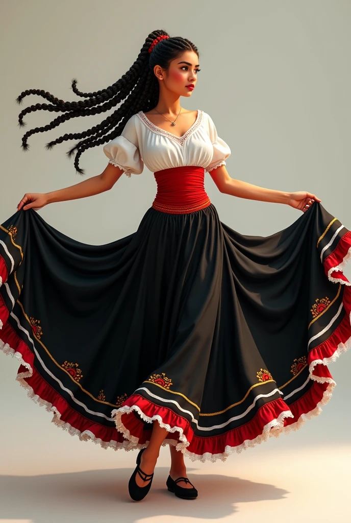 Young woman dressed in traditional Mexican costume with long black skirt, a white blouse, Red belt, hairstyle with braids, dancing holding her skirt