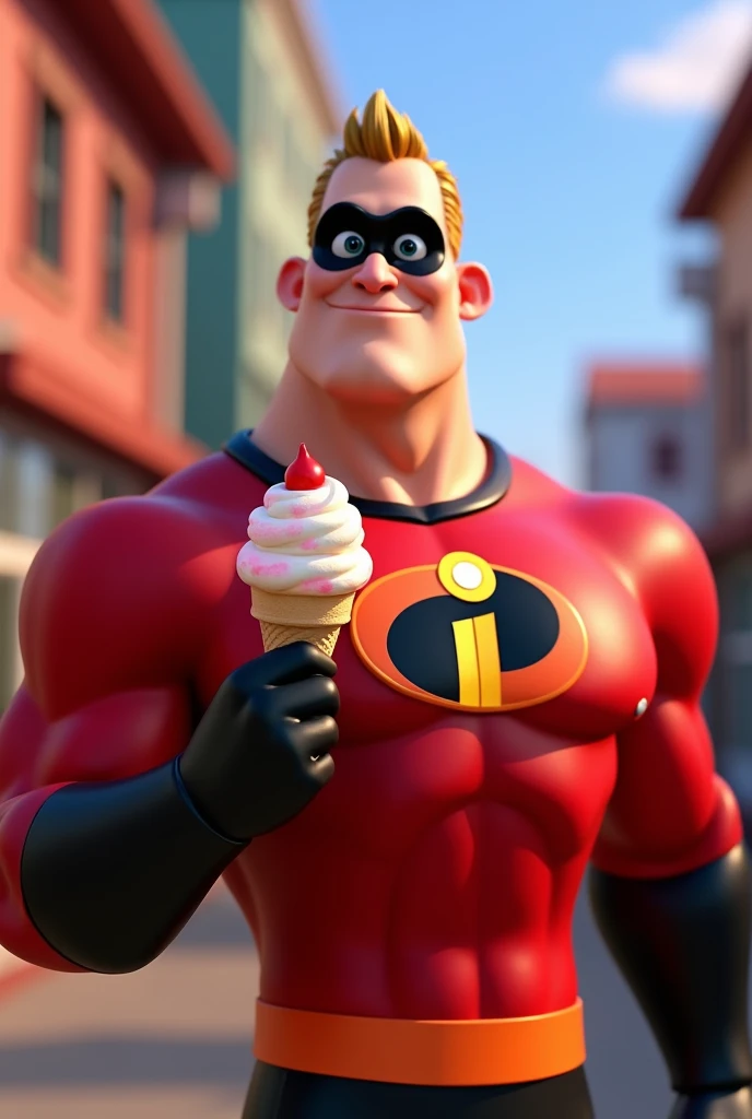 Disney character ice cream/pixar The Incredibles Superhero Holding Snack Drinks 3D Character Rendering, cartoon character, Character from The Incredibles, character posing, (Pixar-style) (best qualityer) (skin detailed) (detailed texture) (8k) (Argilla) (cinematic lighting) (sharp focus