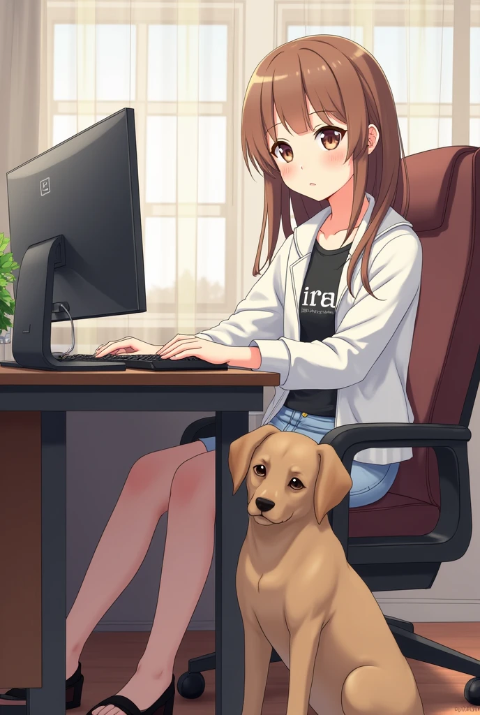(brown hair swept bangs:1.3), anime girl sitting in a chair with a computer and a dog, anime style, from girls frontline, fine details. girls frontline, girls frontline universe, girls frontline style, girls frontline, girls frontline cg, 2 0 2 2 anime style, 2022 anime style, pixiv contest winner, concept art 2022,