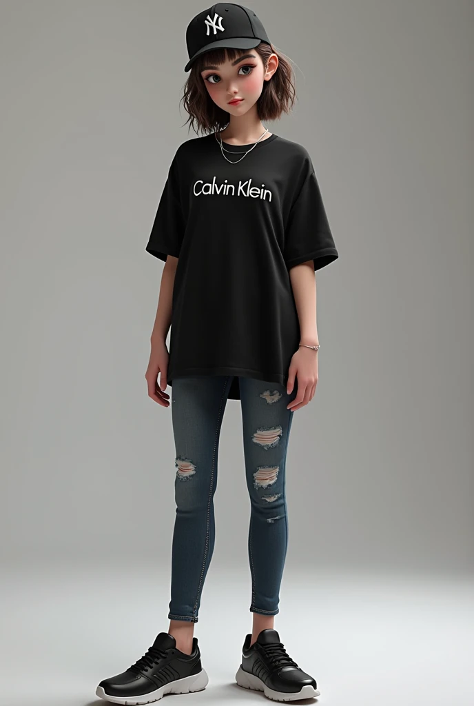 Black Yankees cap, white girl's black shirt, skinny jeans, all black sneakers, Calvin Klein, white skin, chubby