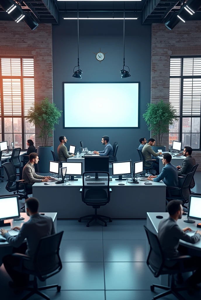 A 3D render of a newsroom with a large screen displaying the headline "Malambo: Noticias". There are multiple desks with chairs, computers, and plants. A window with blinds is visible. The walls have a brick texture.