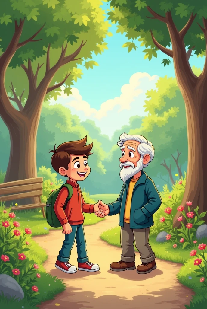 A cartoon of a young man walking in a park who meets an old man