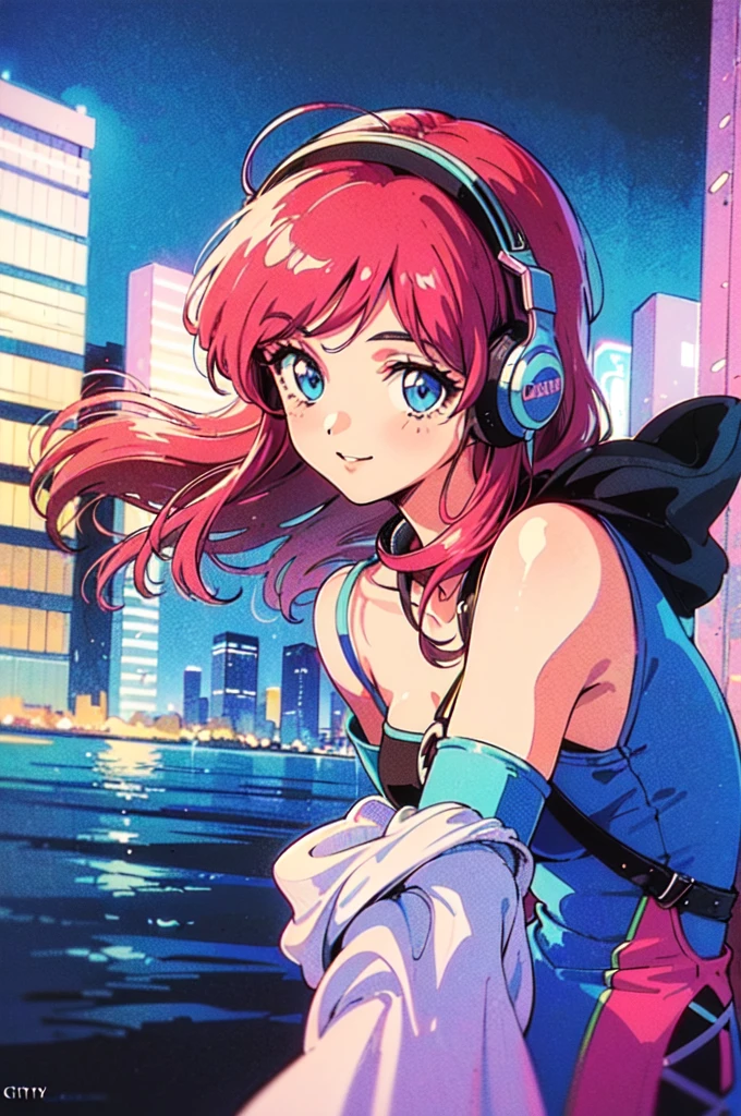 (80's, Retro, City Pop:1.5), (Album cover), (masterpiece, Highest quality, Intricate details), (anime, figure), (pastel colour:1.3), Best Photo Poses, Dynamic Angle,
, alone, smile, A perfect eye for detail, Delicate face,Headphones,
City scene, City of night, Tokyo, High Fashion,