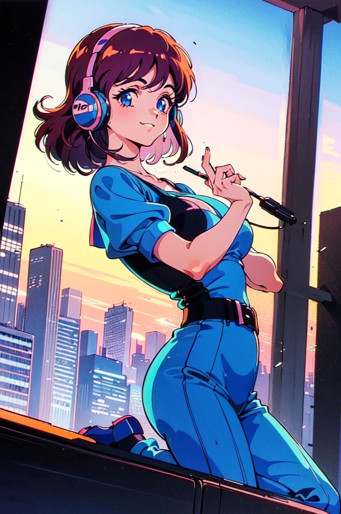 (80's, Retro, City Pop:1.5), (Album cover), (masterpiece, Highest quality, Intricate details), (anime, figure), (pastel colour:1.3), Best Photo Poses, Dynamic Angle,
, alone, smile, A perfect eye for detail, Delicate face,Headphones,
City scene, City of night, Tokyo, High Fashion, 
