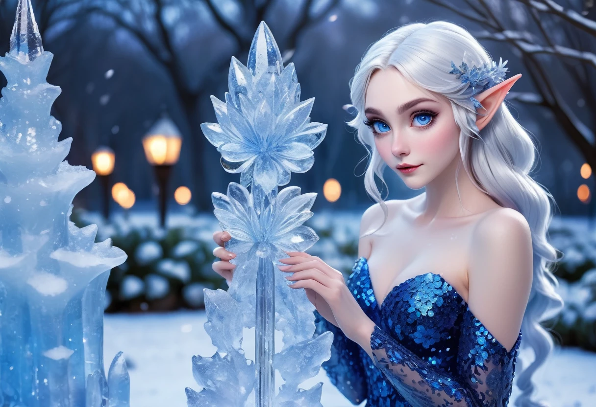 Ice Elf (cute woman, blue skin, deep blue eyes, pointy ears, waist length pale hair, sapphire sequin sparkling sheer night gown0 inspecting her ice sculpture flower garden in a snow landscape, twilight