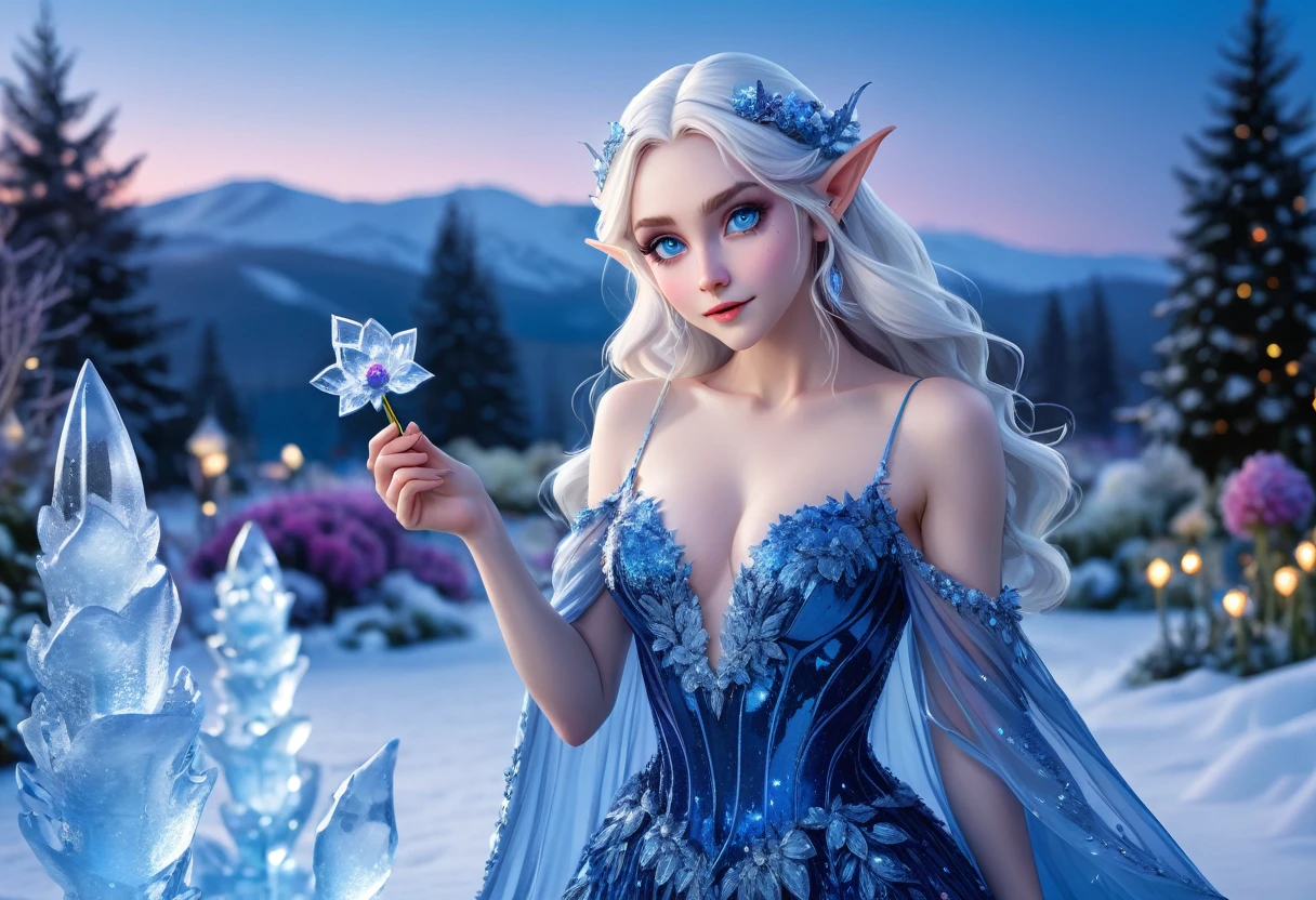 Ice Elf (cute woman, blue skin, deep blue eyes, pointy ears, waist length pale hair, sapphire sequin sparkling sheer night gown0 inspecting her ice sculpture flower garden in a snow landscape, twilight