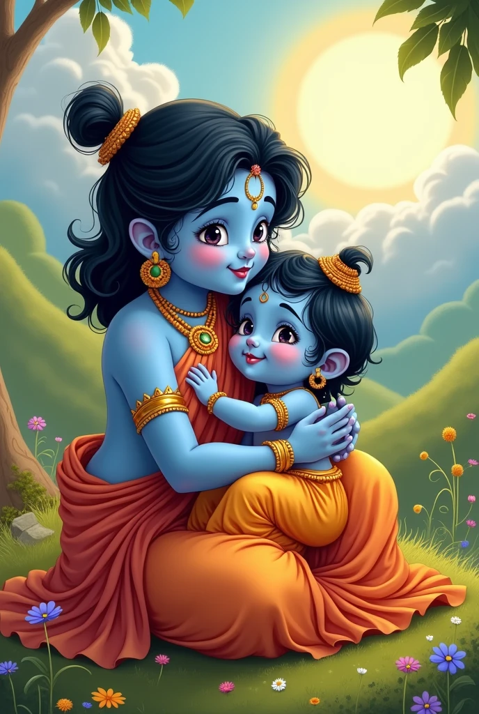 Cartoon Krishna with yashoda