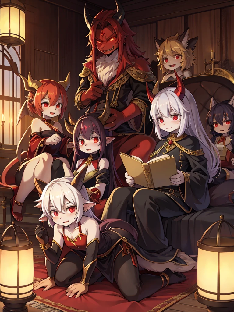 horror , Another world reincarnation anime, (Demon King and Harem) , clothed , A lazy afternoon , with demon