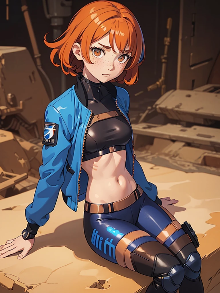 (masterpiece), (best quality), ((one girl)),alone, copper hair,((brown eyes)),short curly hair, anime style, freckles, (small breast) (petite figure), blue,black, orange, white cyberpunk jacket, leggings, knee pads, legs((desert background))