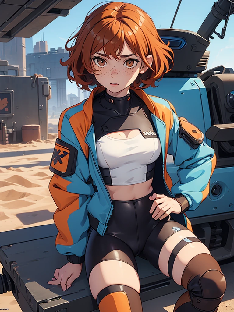 (masterpiece), (best quality), ((one girl)),alone, copper hair,((brown eyes)),short curly hair, anime style, freckles, (small breast) (petite figure), blue,black, orange, white cyberpunk jacket, leggings, knee pads, legs((desert background))