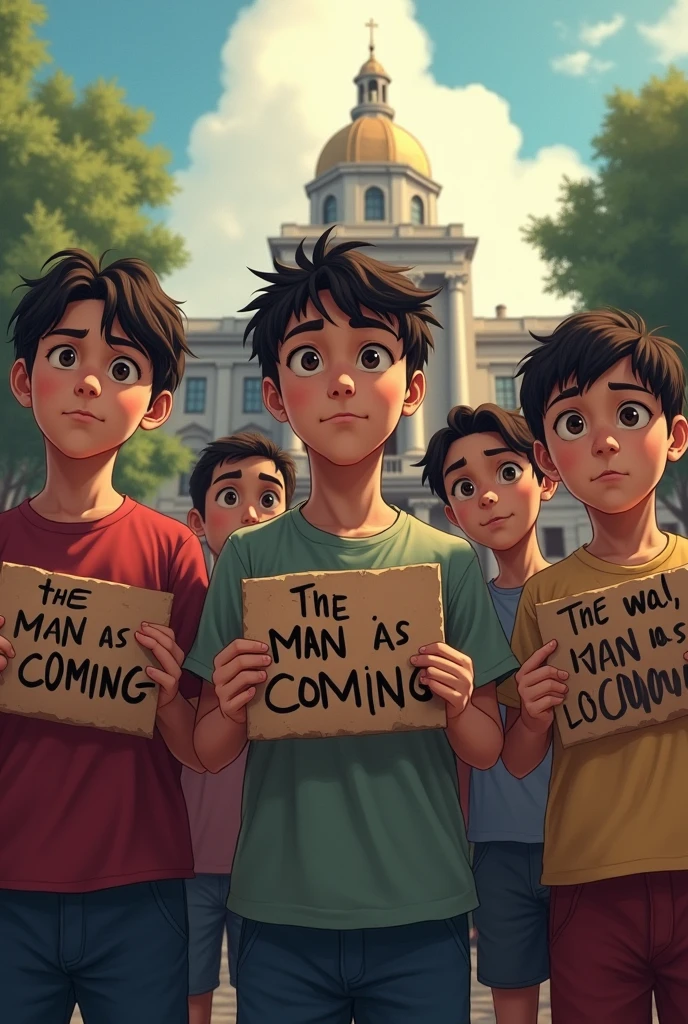 several boys with signs saying the man is coming , no one can stop tatão at the city hall in Portuguese
