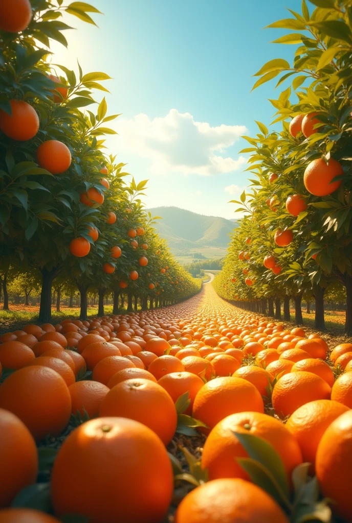 Give me a picture of orange orchards with a deep perspective and oranges lying around