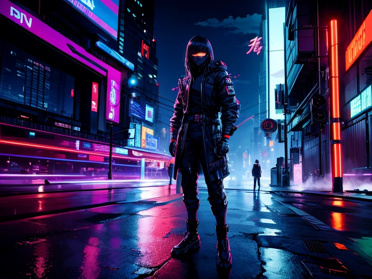 Very detailed,High resolution,4K,8k,masterpiece,High resolution,Late Night,Cyberpunk cityscape,Vibrant neon glow,A ninja stands in the middle of the road