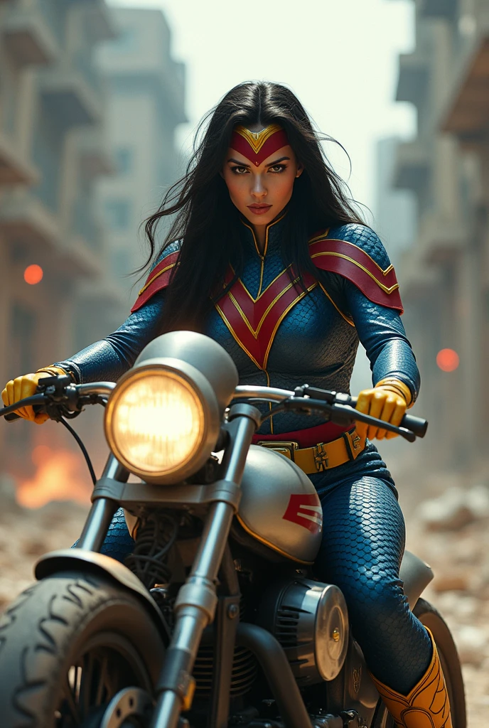 (((In extreme close-up a beautiful woman with long black hair ((((((Red V-shaped diaema with a yellow v in the center of the diaema ))))))Under the cloak of Big Barda light eyes her superheroine costume is samurai themed. Her usual costume is a blue leather jumpsuit with scales all over the suit and a gold armor corset over her jumpsuit, thick red belt, burnt yellow boots and gloves on a large, high-cylinder futuristic motorcycle in an apocalyptic city with a lot of destruction.))),(((without cape))),(((side preview))),