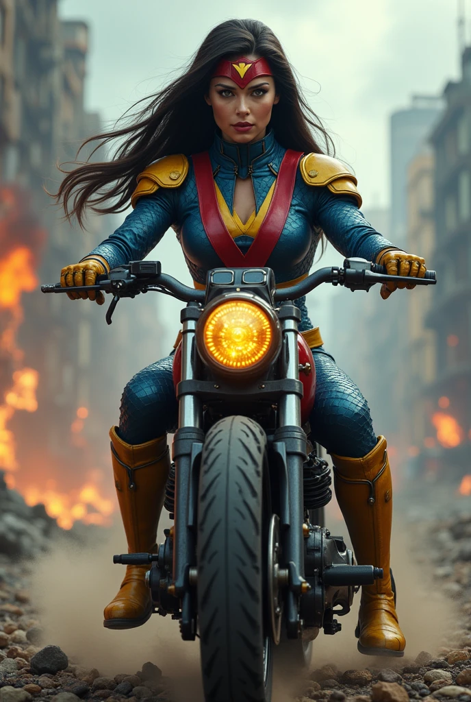 (((In extreme close-up a beautiful woman with long black hair ((((((Red V-shaped diaema with a yellow v in the center of the diaema ))))))Under the cloak of Big Barda light eyes her superheroine costume is samurai themed. Her usual costume is a blue leather jumpsuit with scales all over the suit and a gold armor corset over her jumpsuit, thick red belt, burnt yellow boots and gloves on a large, high-cylinder futuristic motorcycle in an apocalyptic city with a lot of destruction.))),(((without cape))),(((side preview))),