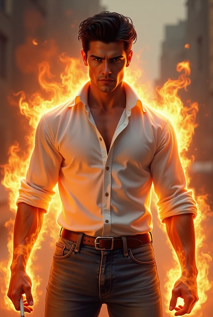 4 k image, realisitic, young man between 2, white shirt tucked into pants, jeans, waist belt, cigarette in hand, Caucasian skin, Elvis Presley style hair with short quiff, broadshouldered, strong arms, youthful but masculine face, and with fire powers.