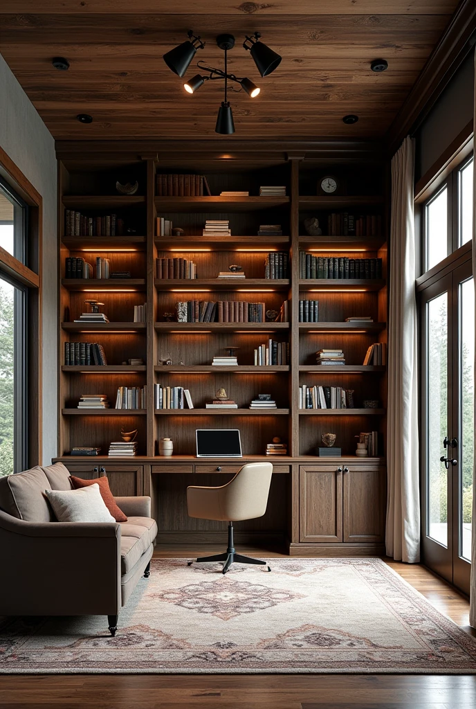 Here is a detailed design for an office with a library, inspired by the style of Colorado mountain homes, like 25 to 30 m²:

### 1. **Layout and Space**

- **distribution**: The office should be divided into two main areas: one for the library and one for the workspace. Built-in bookshelves should take up an entire wall to maximize storage for books and collectibles.. The workspace should include a desk and a comfortable reading area..
- **Furniture**: Choose furniture that combines dark wood and rustic finishes, typical of the mountain style. Use furniture with straight, simple lines, with natural wood accents for a cohesive, elegant look.
- **Accessories**: Include a large, comfortable rug in the center of the space, with geometric or checkered patterns to complement the rustic style. Add a reading chair and coffee table for a cozy, functional space..

### 2. **Built-in shelves**

- **Design**: Install dark wood built-in bookshelves along one wall, with adjustable shelves to accommodate different sizes of books and decorative objects. Consider adding glass doors to the lower portions to protect valuable items and create a sleek look..
- **detaileds**: Shelves should have aged wood finishes to match the rustic style.. Add metal or iron accents for an industrial touch that complements the mountain style..
- **Lighting**: Add recessed lights to your bookshelves to highlight books and decorative items.. Use LED tracks or adjustable spotlights to create focused, efficient lighting.

### 3. **janelas e Lighting Natural**

- **janelas**: Install large windows to maximize natural light. Use curtains or blinds in neutral, natural tones, like beige or light gray, to control brightness and ensure privacy.
- **Lighting Natural**: Position the work table pr