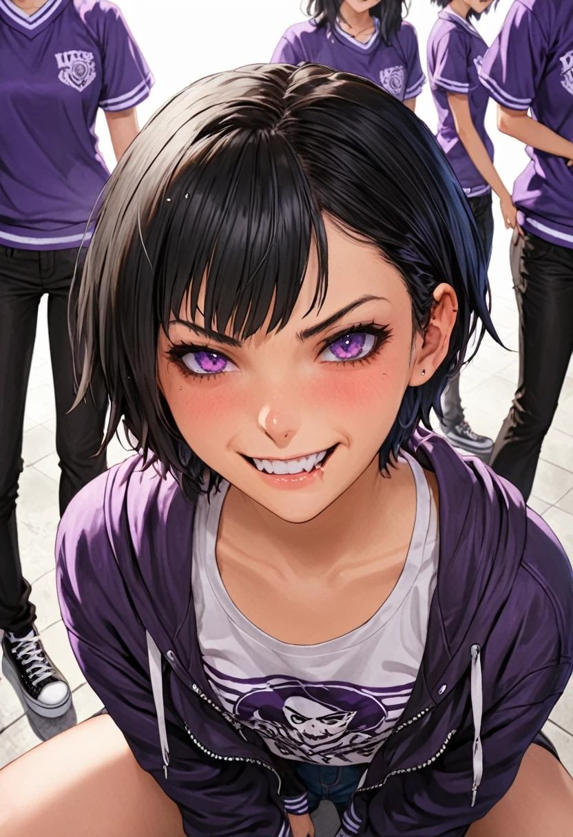 r, girl, short black hair, purple eyes, delinquent clothing, high school, sadistic smirk