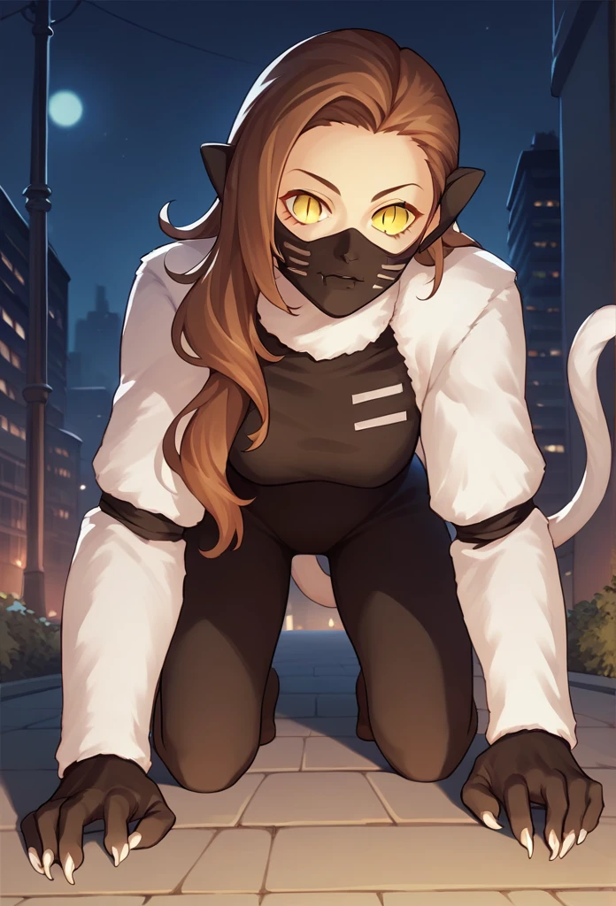 score_9, score_8_up, score_7_up, source_anime,  1girl, all fours, looking at viewer, nekomatasmt, brown hair, long hair, yellow eyes, slit eyes, cat tail, animal ears, claws, face mask, bodysuit, bolero, outdoors, night, city