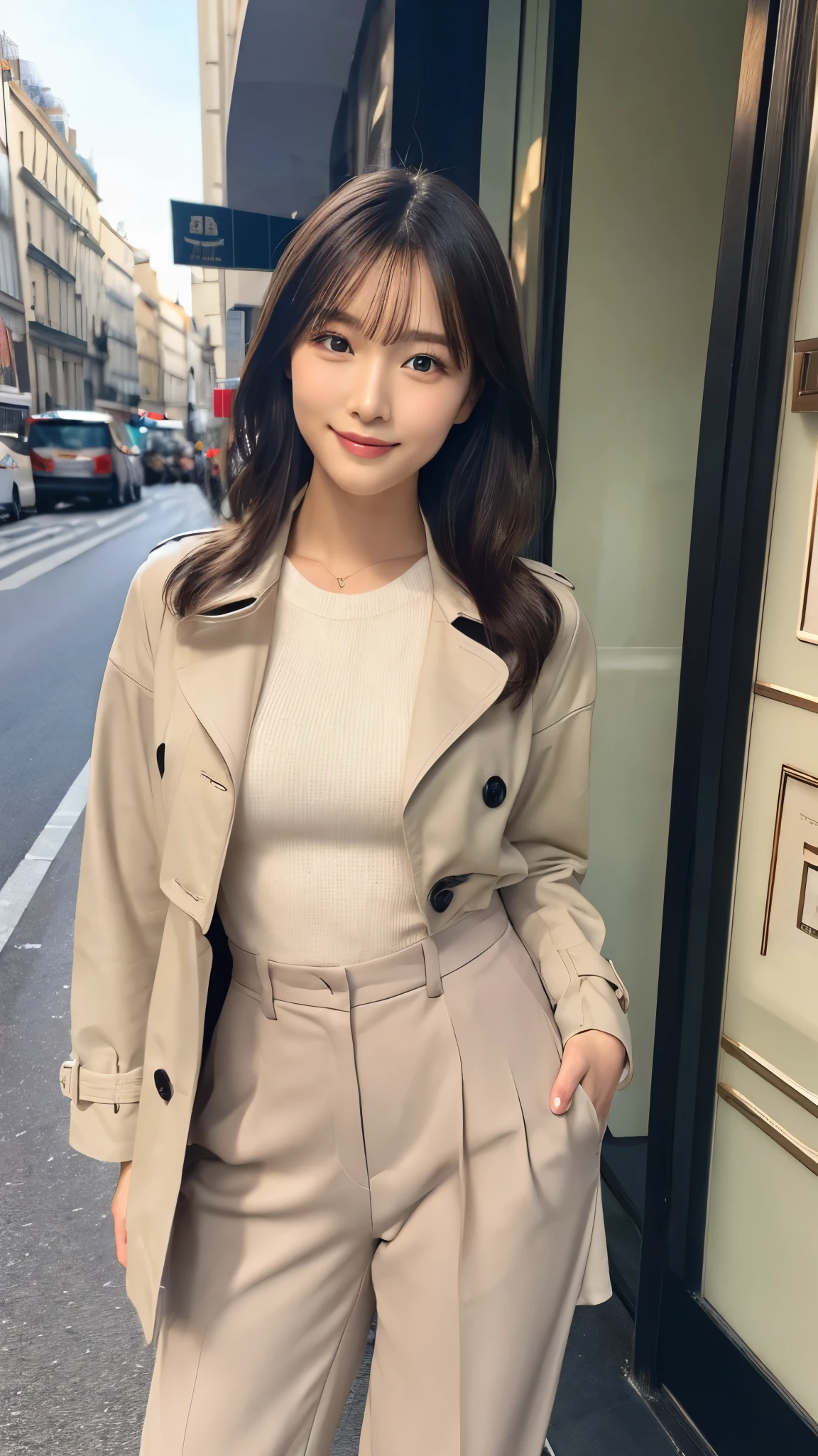 Border Top+trench coat+Cropped pants with a classic Border Top、Put on a trench coat、Enhance your style with cropped pants that show off your ankles。The standard colors for trench coats are beige and khaki.、For your feet, Wearing ballerina shoes or loafers、Create effortless Parisian elegance。.(32hair,High resolution,Attention to detail,High resolution,high density,alone,In addition:1.3),(A realistic person々,Live Action,fine grain,High resolutionの目,Beautiful Eyes,Eyes that look alive,Beautiful dark blue eyes,Fishing eyes,Detailed lips,Translucent white skin,Realistic face in every detail:1.3),(Japanese Ido,hairorean Idols,Japanese Model,hairorean models,hairorean hair-Pop Female Idols:1.2),(Shapely breasts:1.5),(Young but very beautiful hairorean1 smile,Looking into the camera,Fashion Leader,Fashion Model,Soft Skin,Unforgettable Eyes,Her eyes are so beautiful,I want to go to the Paris Collection.........,Cutting-edge fashion:1.6),(Please show me your whole body,Showing off full-body fashion,Stylish blue eyes、1.7)smile