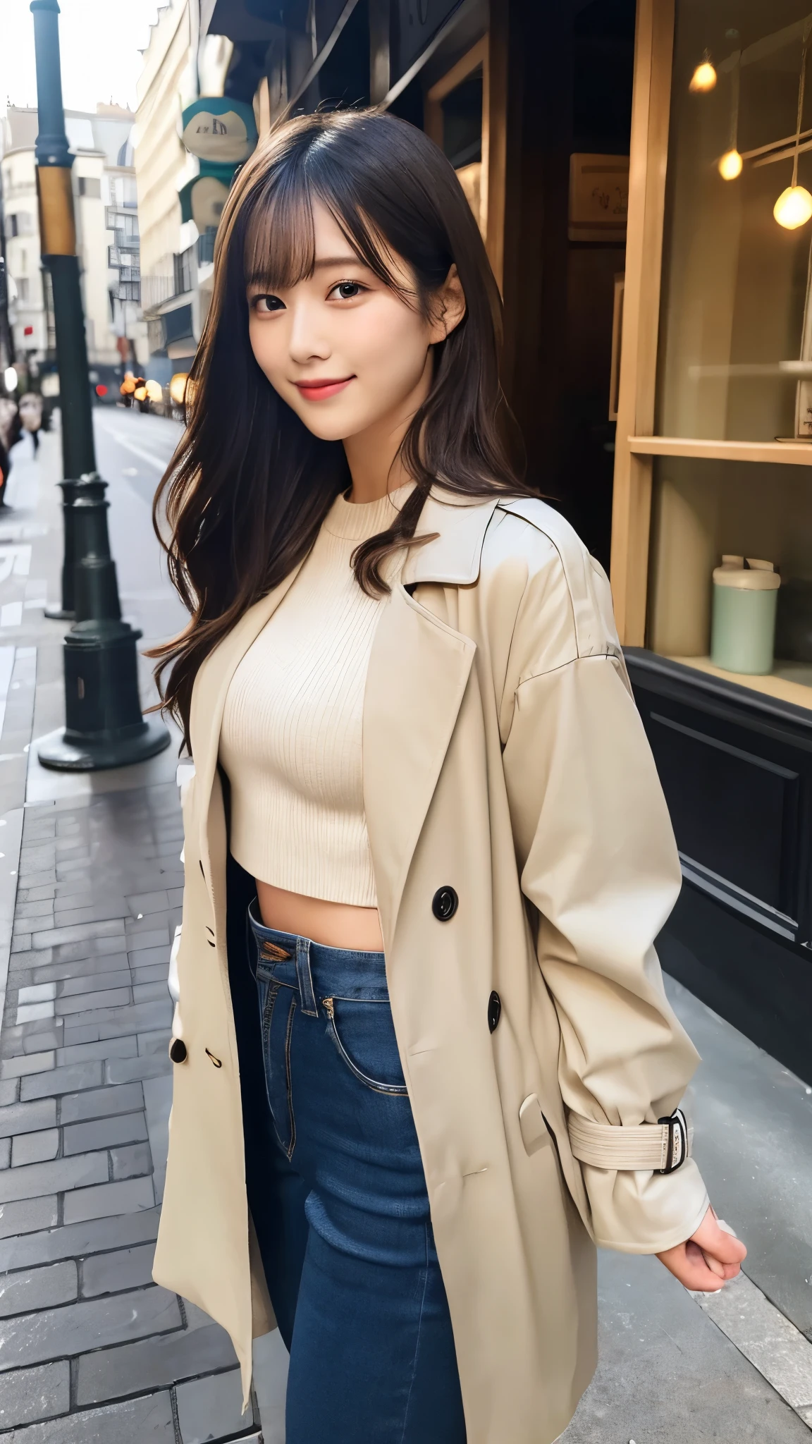 Border Top＋trench coat＋Cropped pants with a classic Border Top、Put on a trench coat、Enhance your style with cropped pants that show off your ankles。The standard colors for trench coats are beige and khaki.、For your feet, Wearing ballerina shoes or loafers、Create effortless Parisian elegance。.（３２hair,High resolution,Attention to detail,High resolution,high density,alone,In addition：1.3）,（A realistic person々,Live Action,fine grain,High resolutionの目,Beautiful Eyes,Eyes that look alive,Beautiful dark blue eyes,Fishing eyes,Detailed lips,Translucent white skin,Realistic face in every detail：1.3）,（Japanese Ido,hairorean Idols,Japanese Model,hairorean models,hairorean hair-Pop Female Idols：1.2）,（Shapely breasts：1.5）,（Young but very beautiful hairorean１ smile,Looking into the camera,Fashion Leader,Fashion Model,Soft Skin,Unforgettable Eyes,Her eyes are so beautiful,I want to go to the Paris Collection.........,Cutting-edge fashion：1.6）,（Please show me your whole body,Showing off full-body fashion,Stylish blue eyes、1.7）smile