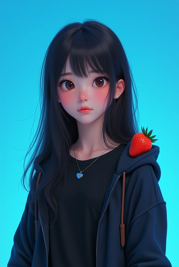 a 21 años girl with black t-shirt and hood, long straight hair, big eyes, small blue heart necklace, bright blue heart background, disney style, highly detailed, photorealistic, 8k, cinematic lighting, warm color palette, masterpiece and tender animated strawberry on your shoulder