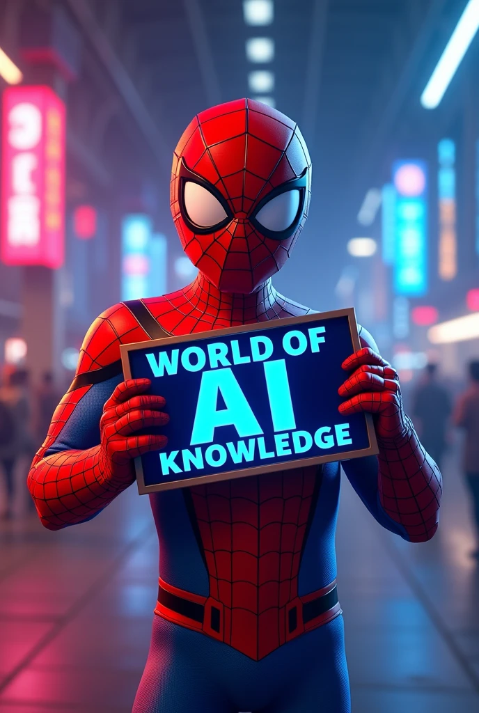 Please create for me a stunning YouTube cover image featuring a fun and humorous Spider-Man hugging the clearly visible text in the center of the frame that says World of AI Knowledge