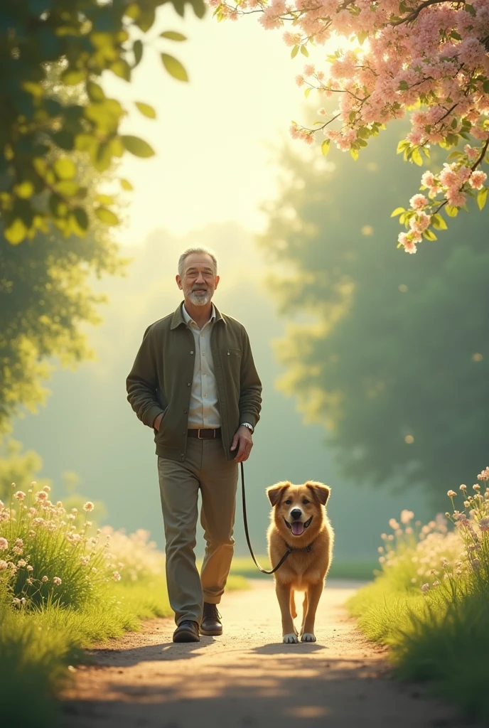 A man with his dog walking in morning