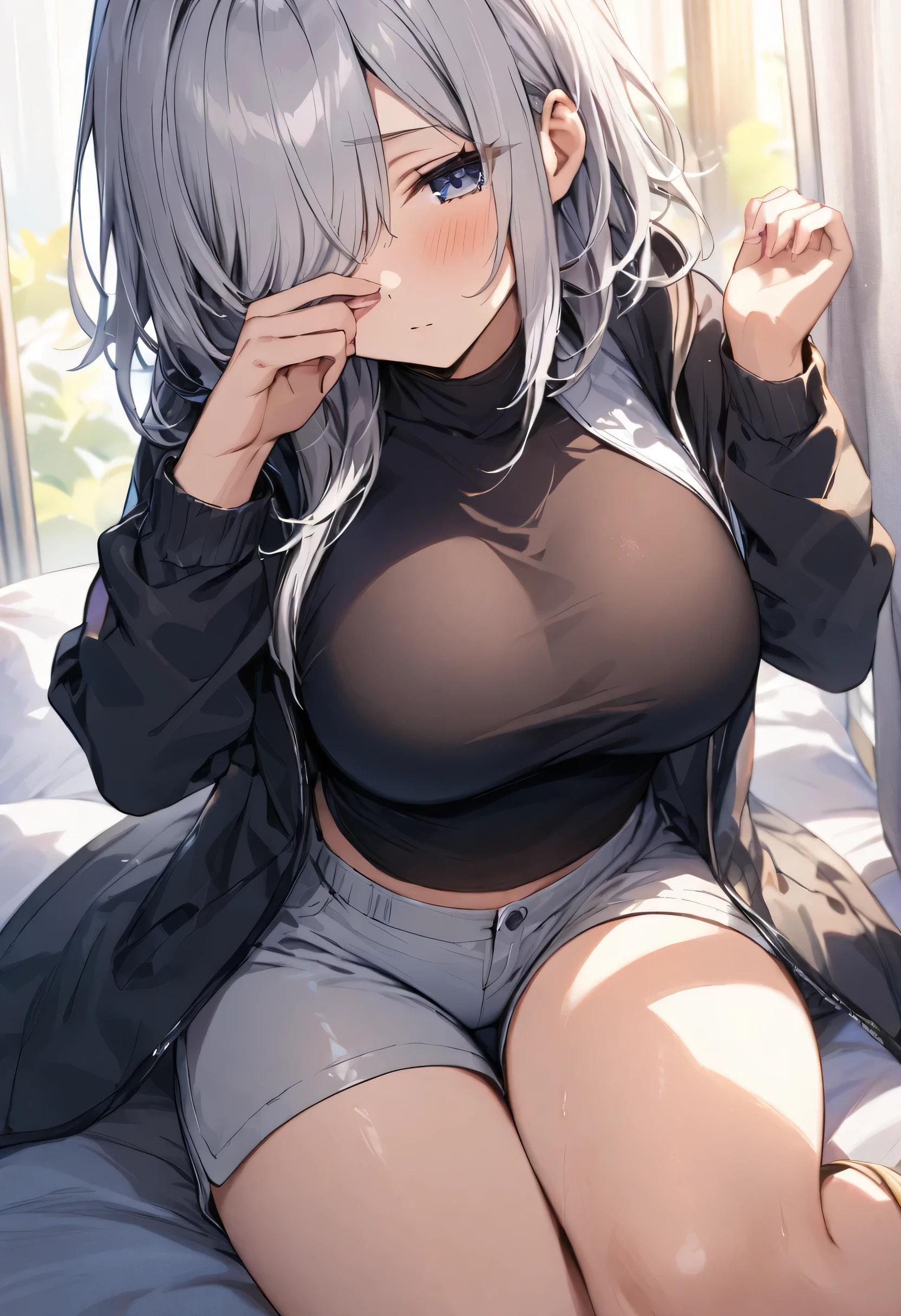 Masterpiece,Large Breasts,Fully open clothes、 Tight Short, Shorts、Silver Hair、Close、Hiding one eye