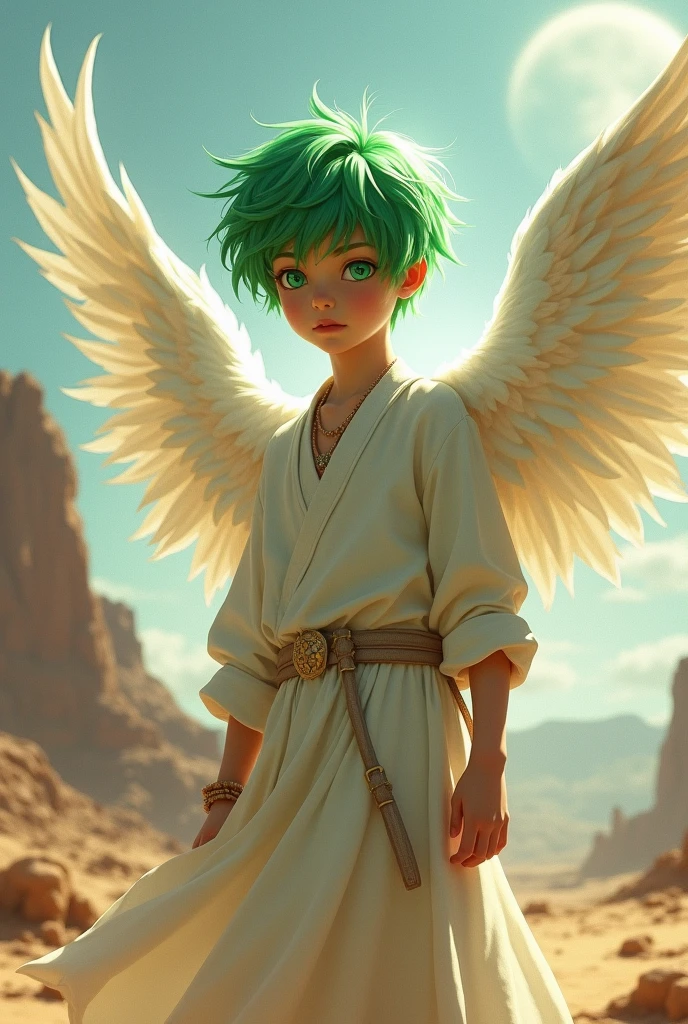 I would like a 1 boy with short green hair, wearing a white outfit resembling a tunic. He has a radiant glow around him, feathered wings on his back, and green eyes.I would like it to be in a mature style, with the art in a fantasy and RPG style set in the Old West.