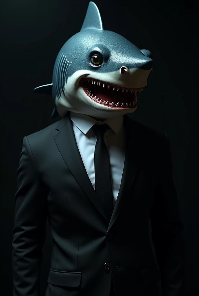 (high resolution:1.3),(Realistic サメ mask:1.3),In a suit,The background is dimly lit,Black main background