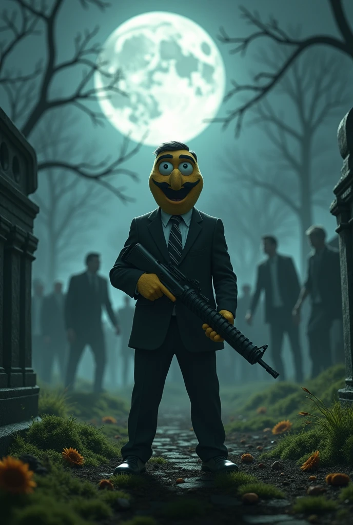 In a lonely cemetery under the light of a full moon, the iconic Mr. Pringles, fully dressed in an elegant one-piece suit, formal trousers and striped tie, faces a terrifying horde of zombies. The scene is dramatic and full of tension.: The full moon illuminates the landscape, creating long shadows that move between the moss-covered graves and tombstones. The Lord of the Pringles, with a determined expression on his face, holds a machine gun firmly, firing bursts of bullets at the zombies slowly emerging from their graves. The mist swirls around your feet, intensifying the gloomy and apocalyptic atmosphere. The undead advance with clumsy but relentless movements, as the sound of gunfire and zombie growls blend into a terrifying symphony of nighttime mayhem.