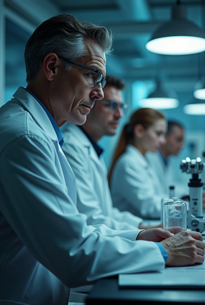 Create an image with 3 scientists ( 1 female, 2 male), 1 male scientist (antagonist) and 2 parents ( father is not a scientist) and teenage daughter with her clone (human clone), There should be total of 7 people in the poster