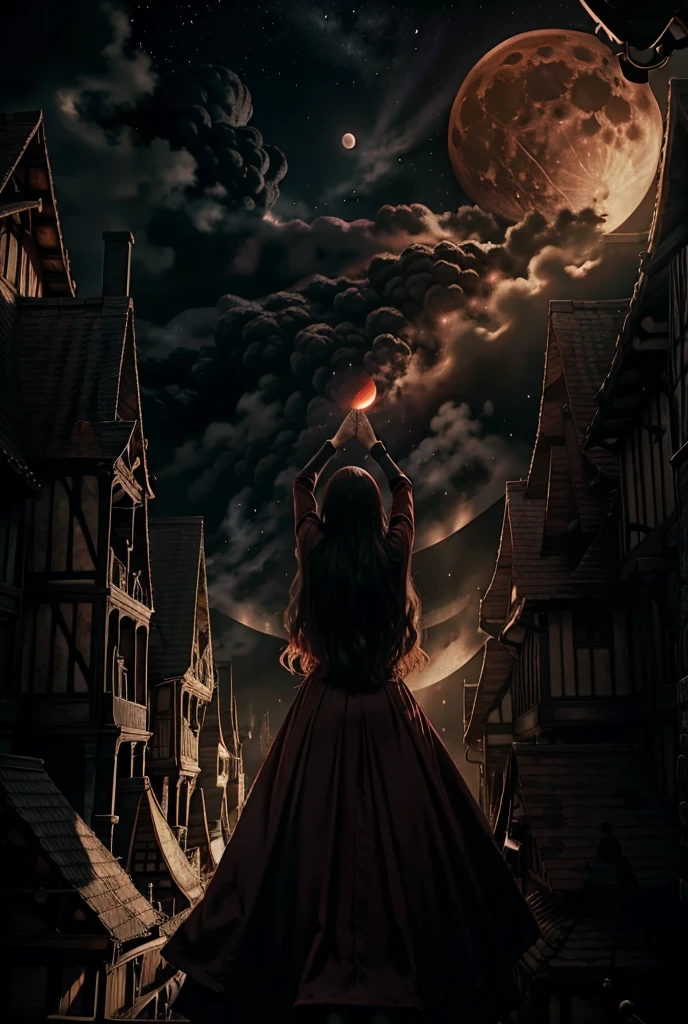 Satanic、despair、Devastation、natural disaster、middle ages、Red full moon、Woman looking up to the sky and shedding tears
