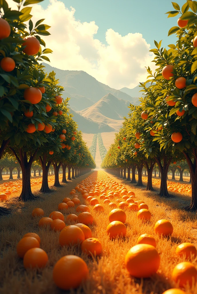 Give me a picture of orange orchards with a deep perspective