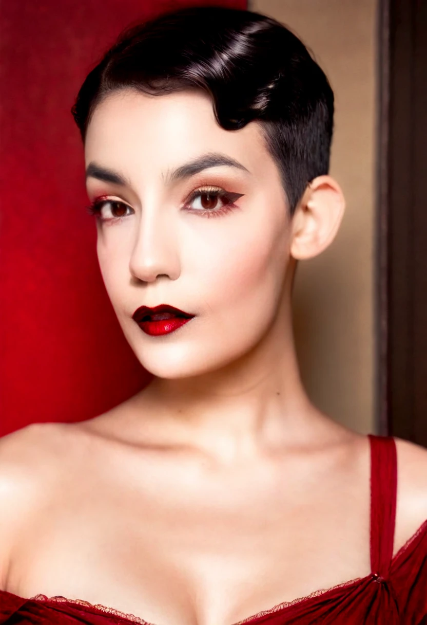 Photo noire et blanc, film noir style, Maginifique, young woman, (closely shaved Pixiecut), demi-corps, Dramatic lighting, (sepia), high contrast, ombres dramatiques, 20s style, Mysterious, cinematic, Bright red lips (((Only lips red))), (looking at viewer),