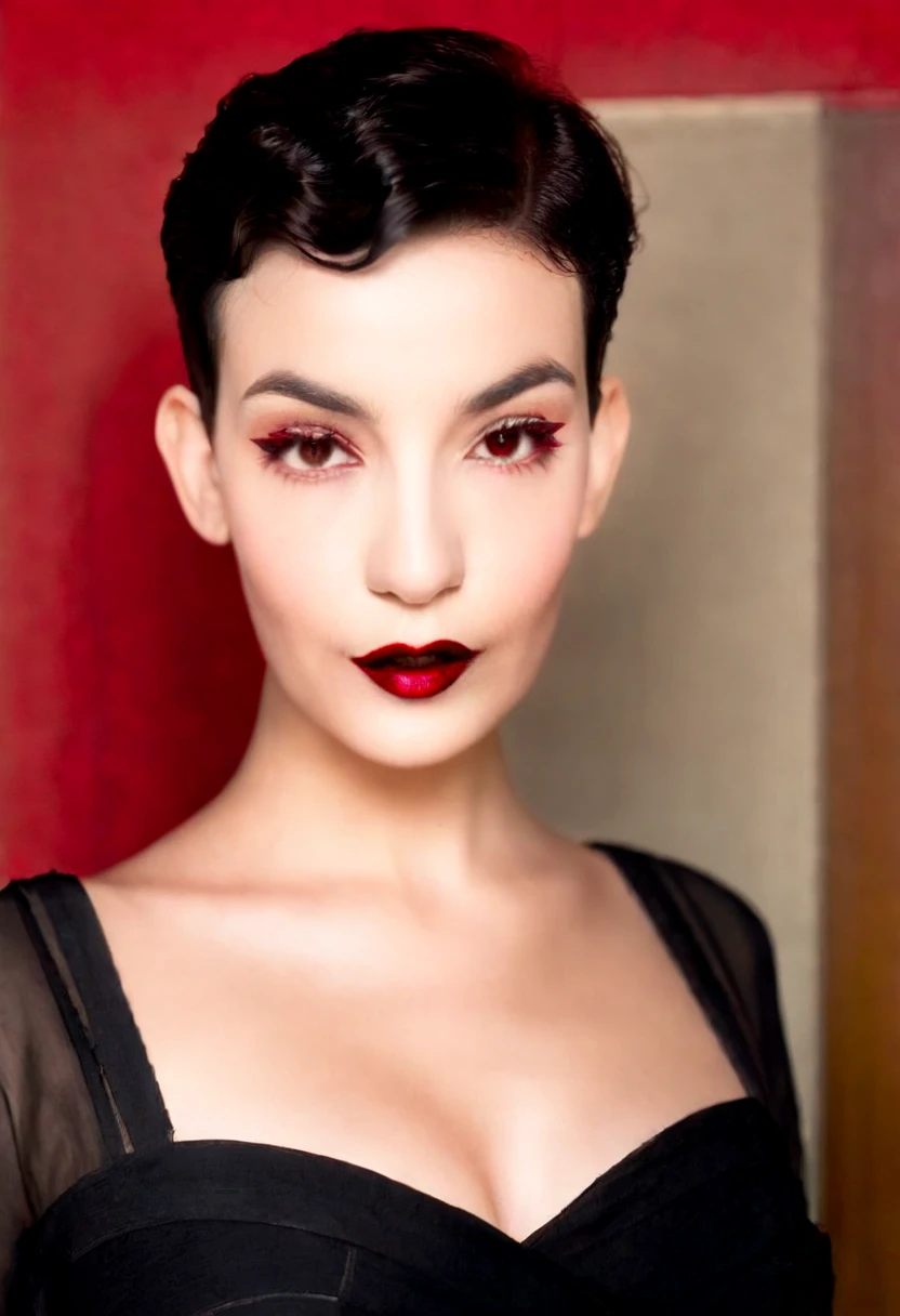 Photo noire et blanc, film noir style, Maginifique, young woman, (closely shaved Pixiecut), demi-corps, Dramatic lighting, (sepia), high contrast, ombres dramatiques, 20s style, Mysterious, cinematic, Bright red lips (((Only lips red))), (looking at viewer),