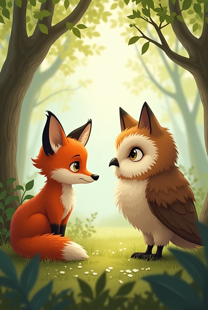 The fox looking thoughtful and attentive as the owl explains why scaring others is not nice.