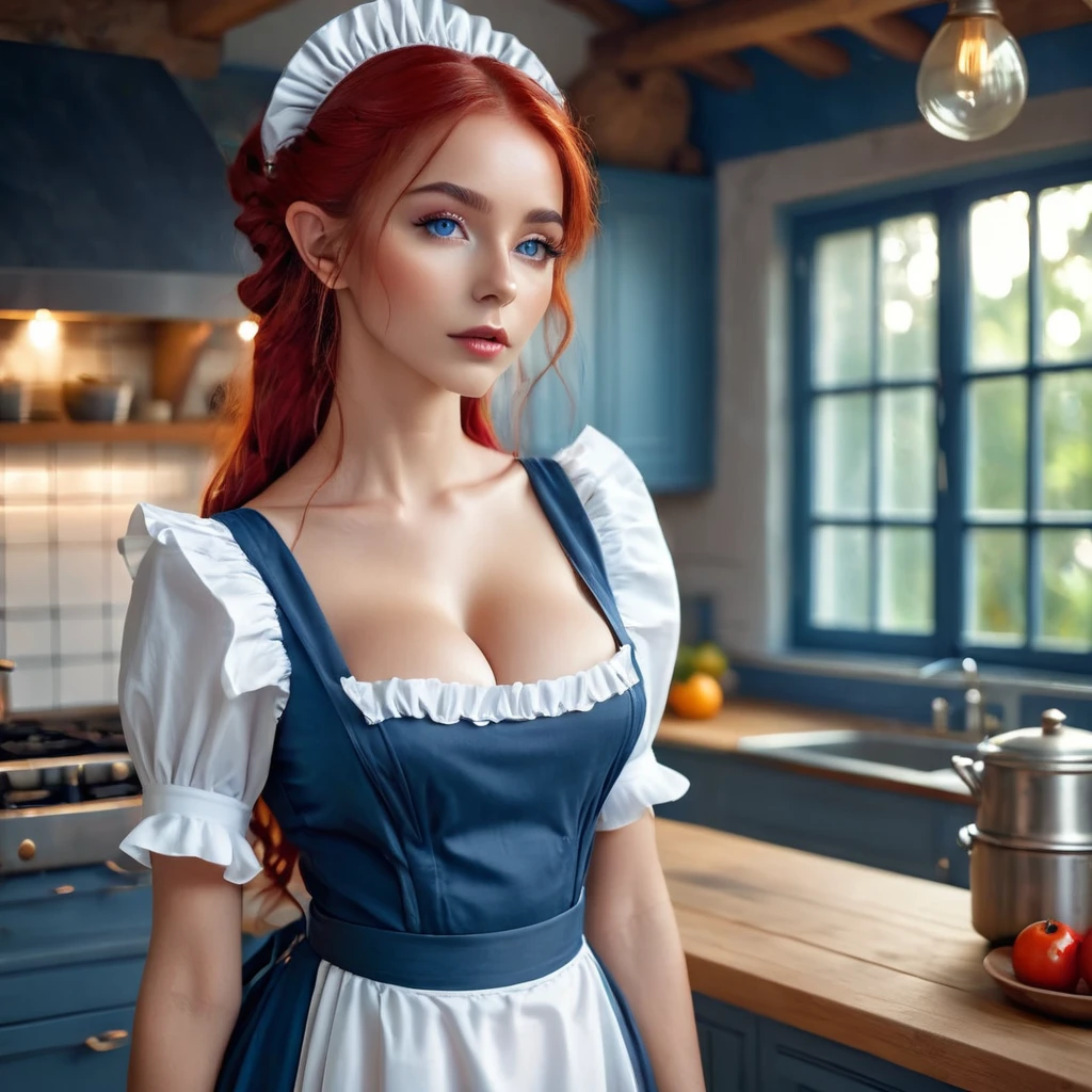 ((ultra quality)), ((Masterpiece)), ((8K)), ((elf house worker)), ((long red hair)), (Beautiful face), (Dark lips), charming, ((sexy facial expression)), looks at the camera, eyes closed a little, (skin color dark blue), (dark blue skin), glare on the body, ((detailed beautiful female eyes)), ((Light blue eyes)), (beautiful female lips), (dark eyeliner), (beautiful female hands), ((Ideal female figure)), Ideal female body, beautiful waist, beautiful hips, Medium breasts, (cloth: housemaid costume), ((subtle and beautiful)), stands temptingly (face close up), background: big fantasy, house kitchen, ((depth of field)), ((high quality clear image)), (clear details), ((High detail)), realistically, ((Clear Focus))
